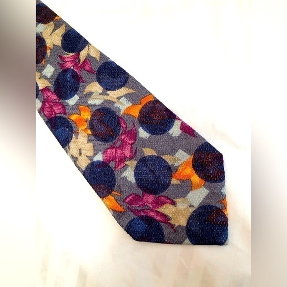 UNGARO Paris Purple Blue Circles Pink Orange Cream Flowers Silk Tie Necktie - Picture 5 of 16